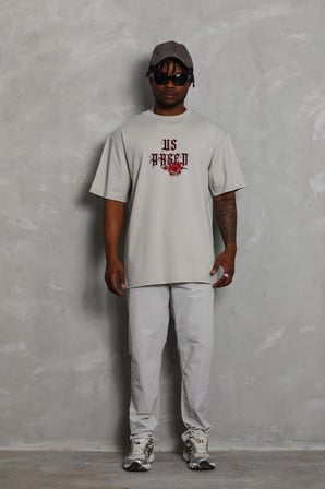 Oversize Baskılı Bisiklet Yaka T-Shirt - Gri