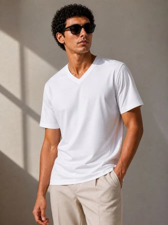 Erkek V Yaka Basic Tişört Kısa Kol Yazlık Regular Fit T-Shirt - Beyaz