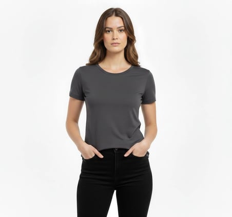 Kadın T-Shirt Bisiklet Yaka Slim Fit Likralı Tişört Yazlık Basic Body - Füme