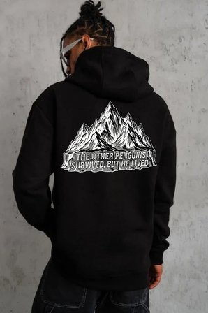 Erkek Nihilist Penguen Baskılı 3 İplik Pamuklu Kapüşonlu Sweatshirt Hoodie Siyah