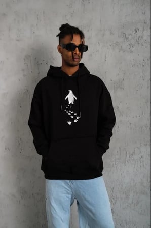 Erkek Nihilist Penguen Baskılı 3 İplik Pamuklu Kapüşonlu Sweatshirt Hoodie Siyah