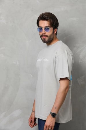 Marsilyan Oversize Fit Tişört Gri Bisiklet Yaka Baskılı Penye Pamuklu Kısa Kol XL