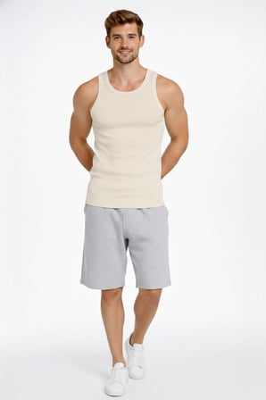 Erkek Fitilli Atlet Sıfır Yaka Slim Fit Arka Baskılı Spor Atlet - Krem