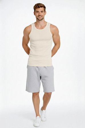 Erkek Fitilli Atlet Sıfır Yaka Slim Fit Arka Baskılı Spor Atlet - Krem