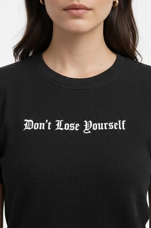 Kadın Wafıl Kumaş Tişört Regular Kalıp Bisiklet Yaka Baskılı T-Shirt - Siyah