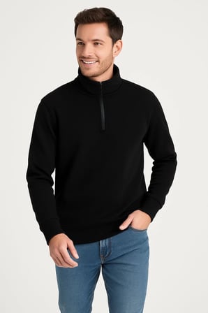 Dik Yaka Sweatshirt Dik Yaka Yarım Fermuarlı 3 İplik Şardonlu Pamuk Kumaş - Siyah