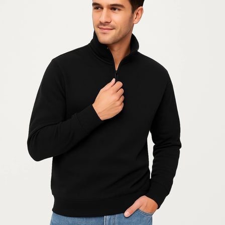 Dik Yaka Sweatshirt Dik Yaka Yarım Fermuarlı 3 İplik Şardonlu Pamuk Kumaş - Siyah