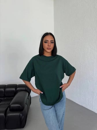 Kadın Düz T-Shirt Kısa Kol Bisiklet Yaka Oversize Rahat Kalıp Günlük Tişört - Haki