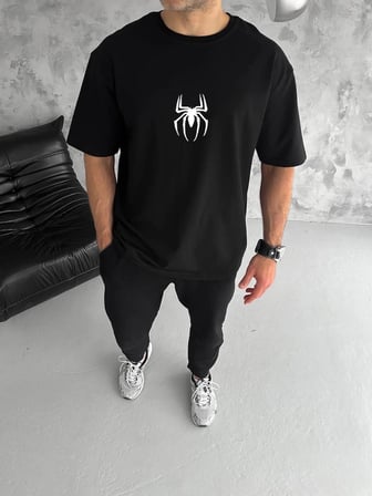 Bisiklet Yaka Baskılı Oversize T-Shirt - Siyah