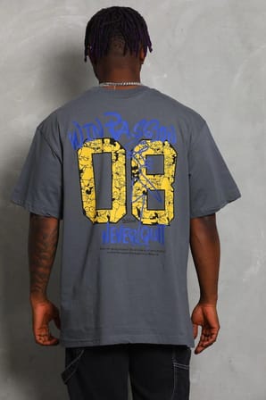 Oversize Baskılı Bisiklet Yaka T-Shirt - Füme