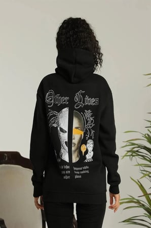 Kapşonlu Sweatshirt – Oversize “Other Lives” - Siyah