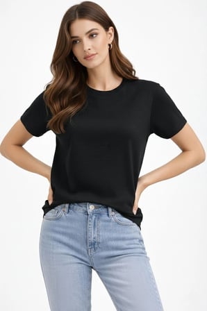 Kadın Bisiklet Yaka Yazlık Kısa kol Düz Tişört Regular Kalıp T-shirt - Siyah