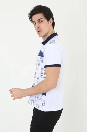 Yakalı Slim Fit Baskılı T-Shirt - Beyaz