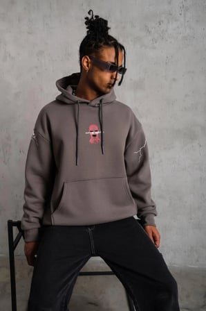 Maske Baskılı Kapüşonlu Sweat - Gri