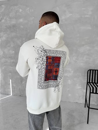 Marsilyan Erkek Sweatshirt Beyaz Uzun Kol Kapüşonlu Oversize Baskılı Sweatshirt