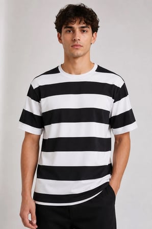 Erkek Çizgili Oversize Tişört Bisiklet Yaka Kısa Kol Yazlık T-Shirt - Siyah