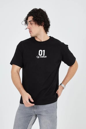 Bisiklet Yakalı Baskılı T-Shirt - Siyah