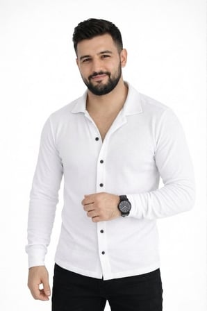 Marsilyan Waffle Gömlek Açık Yaka Beyaz Uzun Kol Regular Fit Günlük