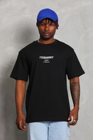 Oversize Baskılı Bisiklet Yaka T-Shirt - Siyah