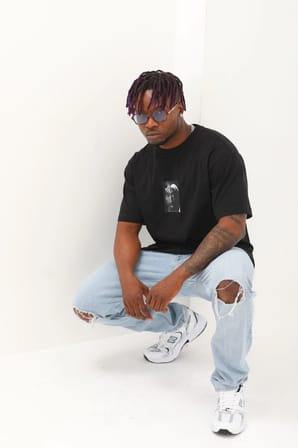 Oversize Baskılı Bisiklet Yaka T-Shirt - Siyah