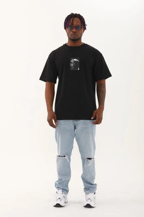 Oversize Baskılı Bisiklet Yaka T-Shirt - Siyah