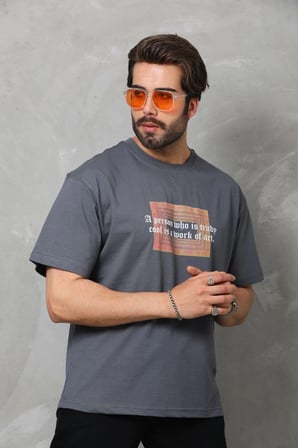 Marsilyan Erkek Tişört Bisiklet Yaka Oversize Baskılı Füme