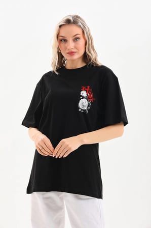 Baskılı Oversize T-Shirt - Siyah