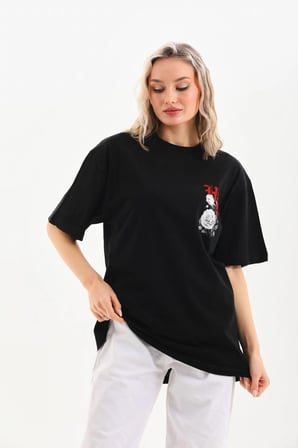 Baskılı Oversize T-Shirt - Siyah