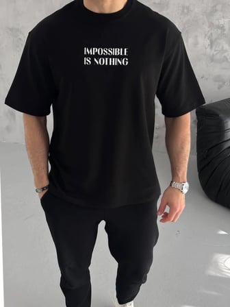 Bisiklet Yaka Baskılı Oversize T-Shirt - Siyah