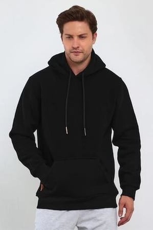 Uzun Kol Kapşonlu Basic Sweatshirt hoodie - Siyah