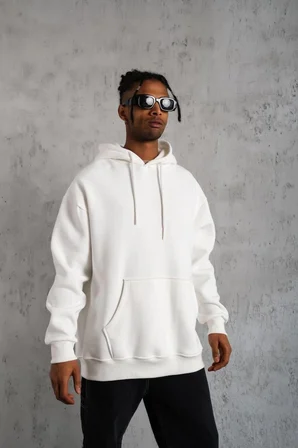 Düz Kapüşonlu Sweat - Beyaz