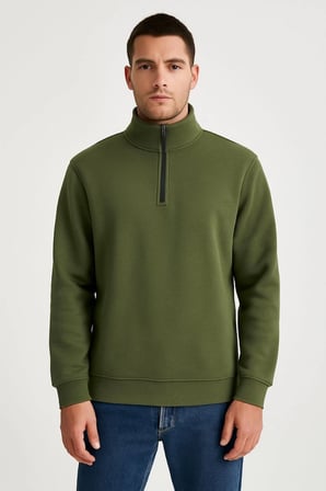 Erkek Dik Yaka Sweatshirt Dik Yaka Yarım Fermuarlı 3 İplik Şardonlu Pamuk Kumaş - Haki