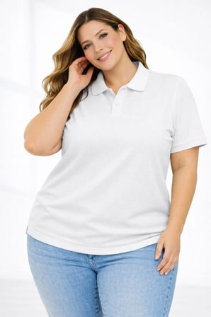 Kadın Battal Beden Tişört Polo Yaka Pike Kumaş Kısa Kol T-Shirt - Beyaz