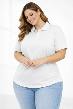 Kadın Battal Beden Tişört Polo Yaka Pike Kumaş Kısa Kol T-Shirt - Beyaz