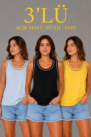 Kadın 3’lü Kolsuz Sporcu Atlet Seti Yazlık Bisiklet Yakalı - Sarı, Siyah, Bebe Mavisi