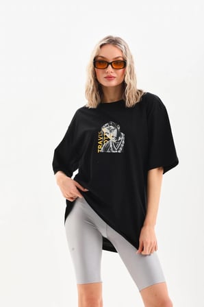 Baskılı Oversize T-Shirt - Siyah