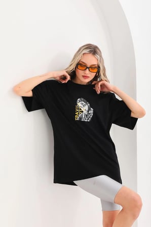 Baskılı Oversize T-Shirt - Siyah