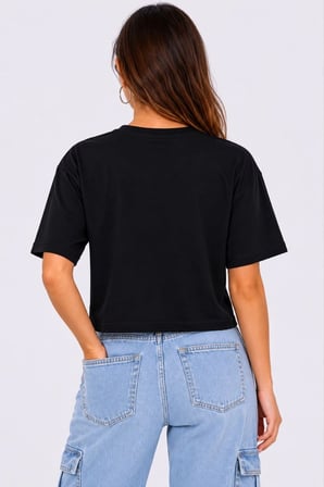 Kadın Kedi Baskılı Oversize Crop Tişört Salaş Basic Yarım Kol T-shirt - Siyah