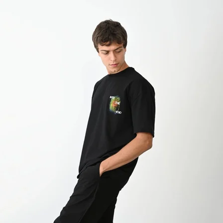 Bisiklet Yaka Baskılı Oversize T-Shirt - Siyah