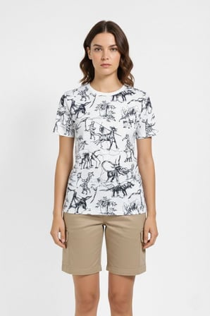Kadın Dinozor Dijıtal ön ve arka Baskılı Tişört Bisiklet Yaka T-Shirt - Beyaz