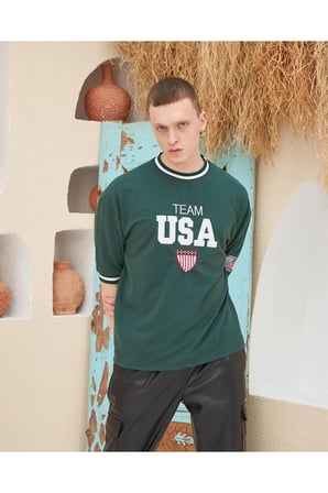 Nakış İşlemeli Ribanalı Oversize T-shirt - Yeşil