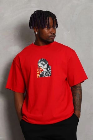 Erkek Baskılı T-Shirt Kısa Kol Bisiklet Yaka Regular Fit Tişört - Kırmızı