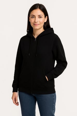 Üç İplik Kapüşonlu Tam Fermuarlı Kanguru Çepli SweatShirt Hoodie - Siyah