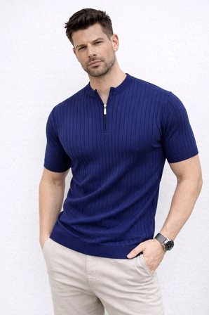 Erkek Kısa Kol Fitilli Triko T-Shirt Yazlık Hakim Yaka Tişört - Lacivert