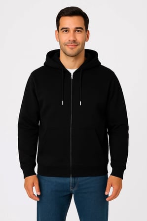 Üç İplik Kapüşonlu Tam Fermuarlı Kanguru Çepli SweatShirt Hoodie - Siyah