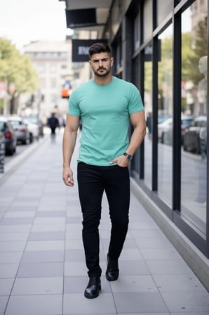Erkek Body Tişört Bisiklet Yaka Slim Fit Likralı T-Shirt - Turkuvaz