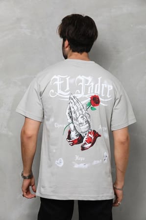 Bisiklet Yaka Baskılı Oversize T-Shirt - Gri