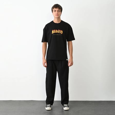 Bisiklet Yaka Baskılı Oversize T-Shirt - Siyah