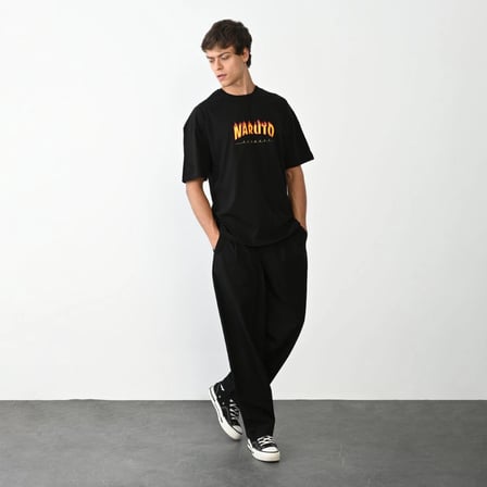 Bisiklet Yaka Baskılı Oversize T-Shirt - Siyah