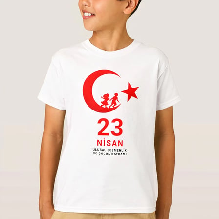 Çocuk 23 Nisan Ulusal Egemenlik ve Çocuk Bayramı Baskılı Bisiklet Yaka T-shirt - Beyaz